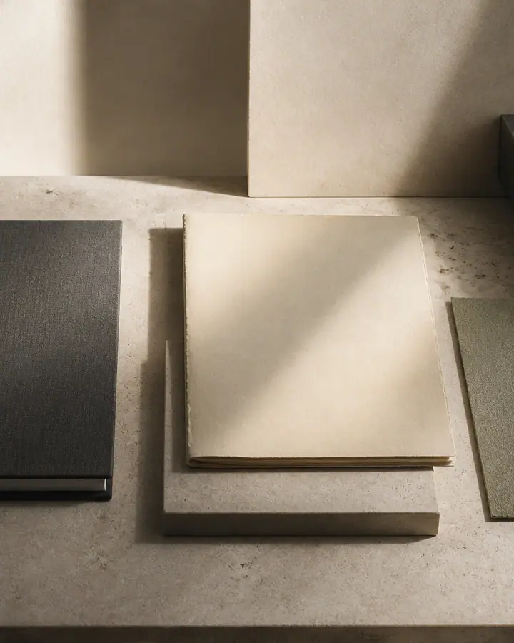 Composição de materiais com livro de tecido grafite, papéis claros e amostra em tom musgo sobre pedra.